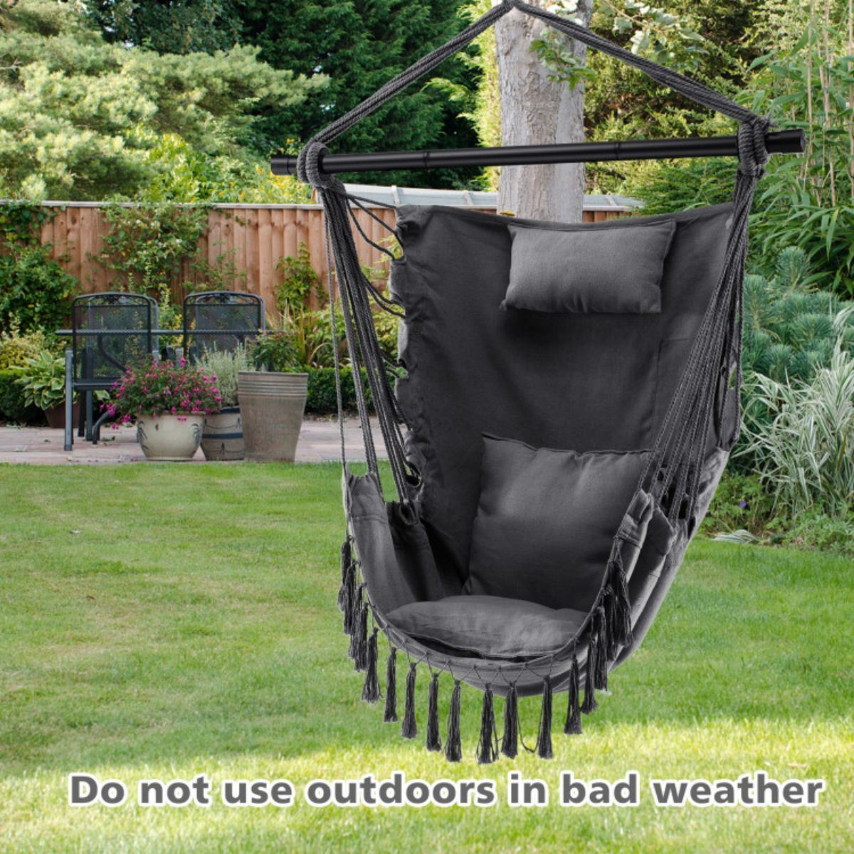 Hanging Rope Swing Chair with Soft Pillow and Cushions - Black