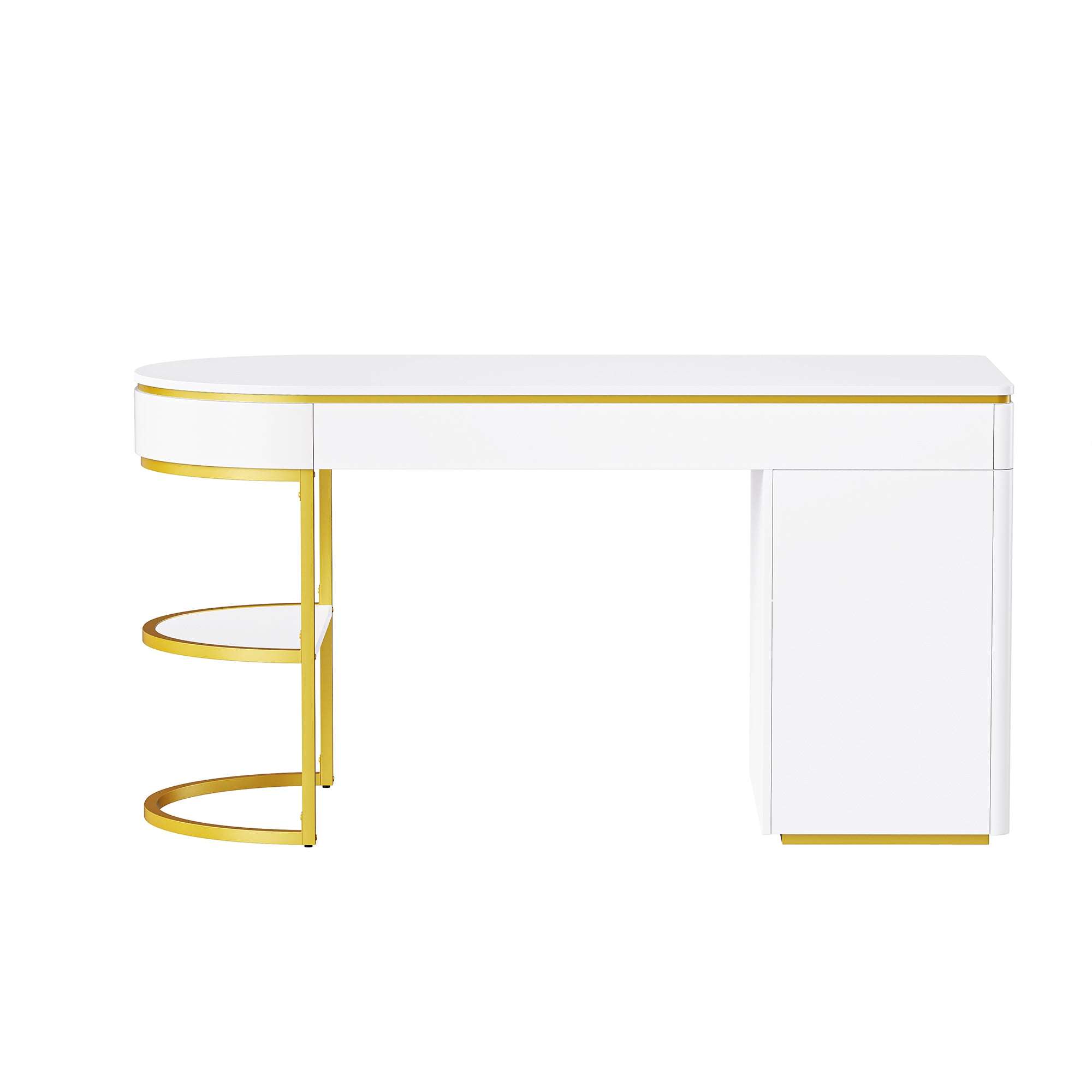 60''Modern Executive Desk,White Curved Computer Desk with Gold Metal Legs,3-Drawers Home Office Desk - Gold+White