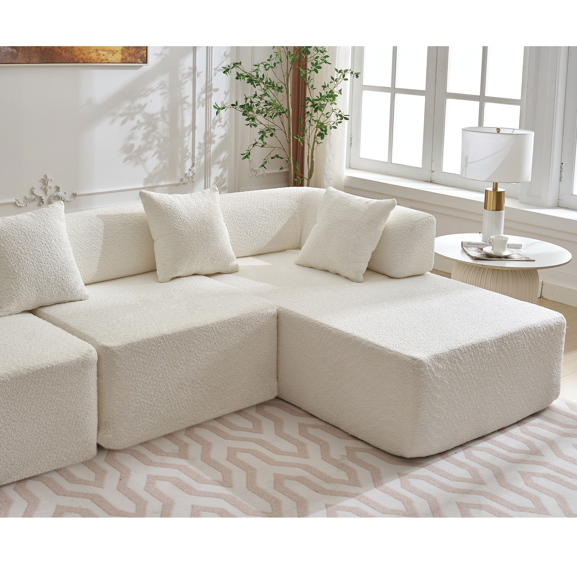 Modern Minimalist 140" L-Shape Couch, No Assembly Required - Boucle-White