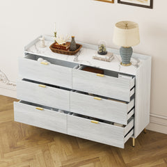 55" Long 6 Drawer Dresser with Marbling Worktop, Mordern Storage Cabinet with Metal Leg and Handle - White