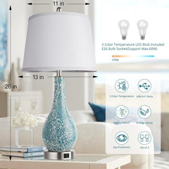 Set of 2, Modern Bedside Lamp with USB A+C Ports, 26" Coastal Large Nightstand Lamp White Shade Living Room Lamps for Home Decor, LED Bulb Included - Blue