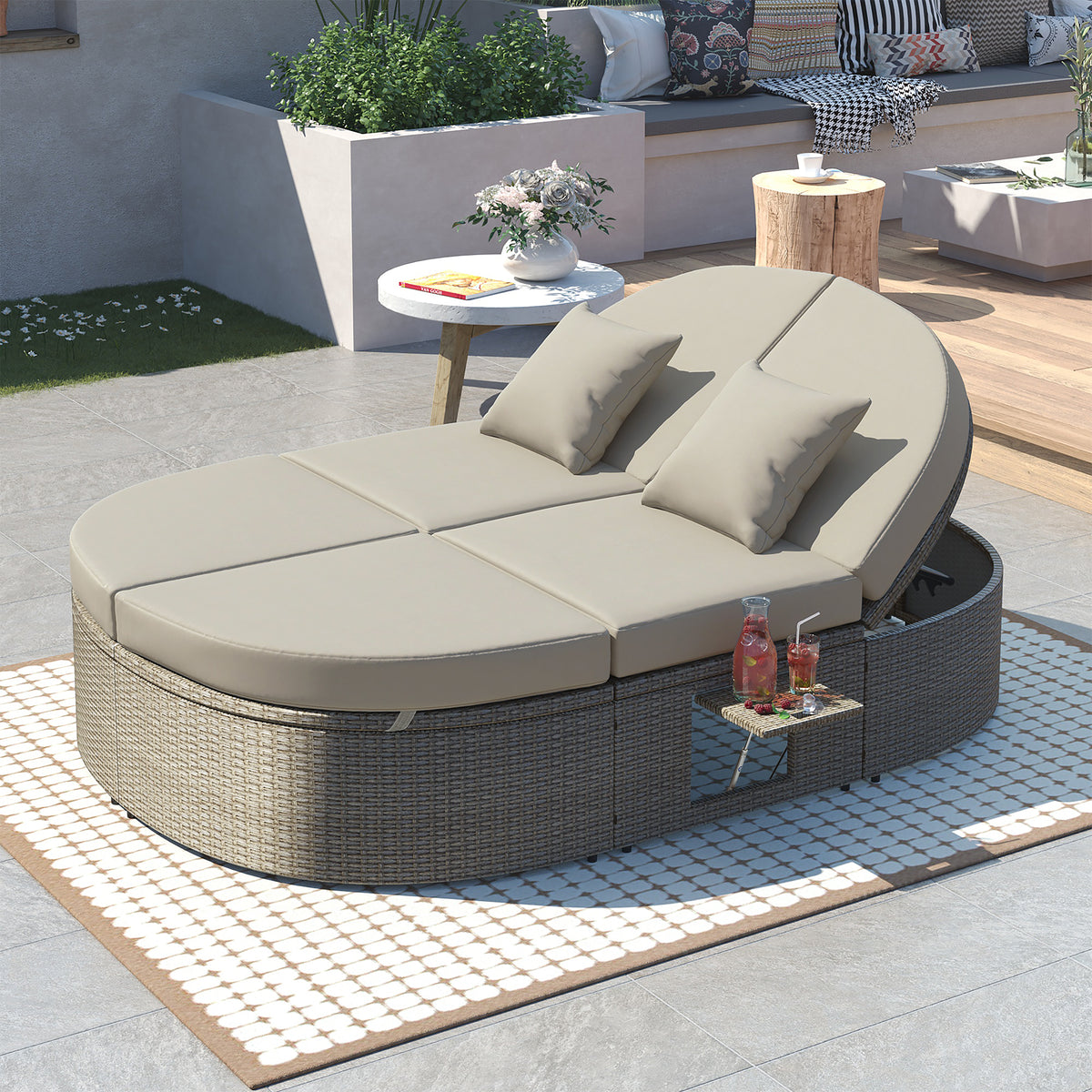 Outdoor Sun Bed Patio 2-Person Daybed with Cushions and Pillows, Rattan Garden Reclining Chaise Lounge with Adjustable Backrests and Foldable Cup Trays for Lawn,Poolside, Gray