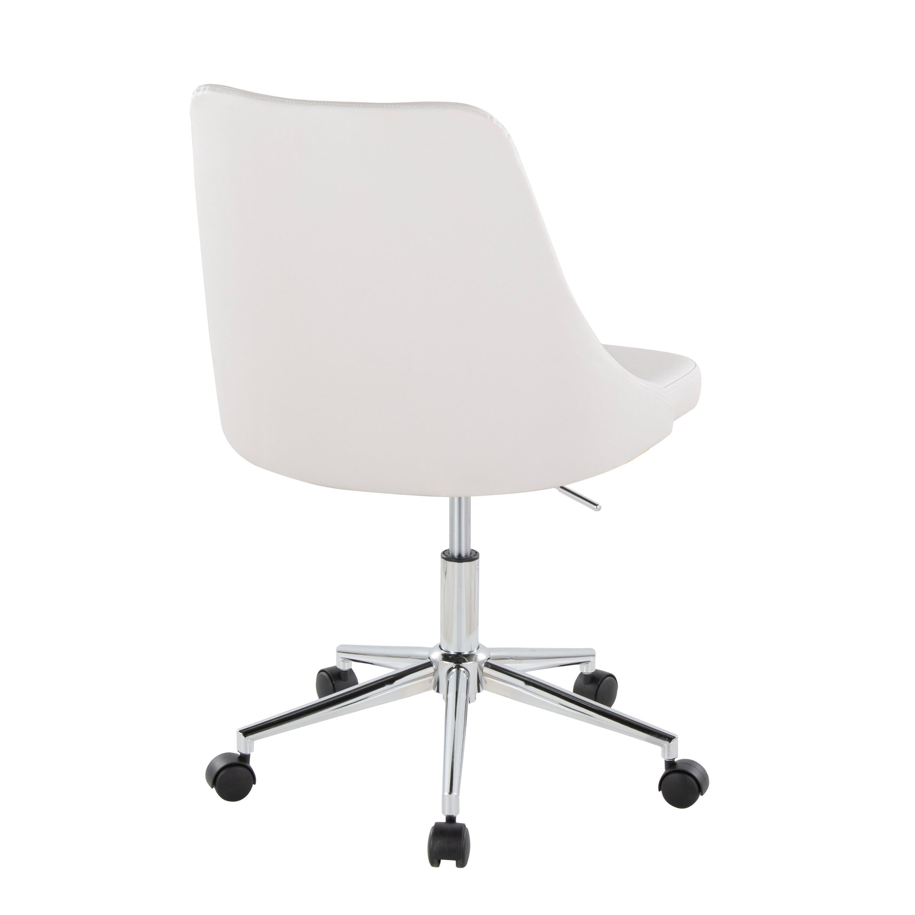 Contemporary Swivel Task Chair with Casters in Chrome Metal and White Faux Leather