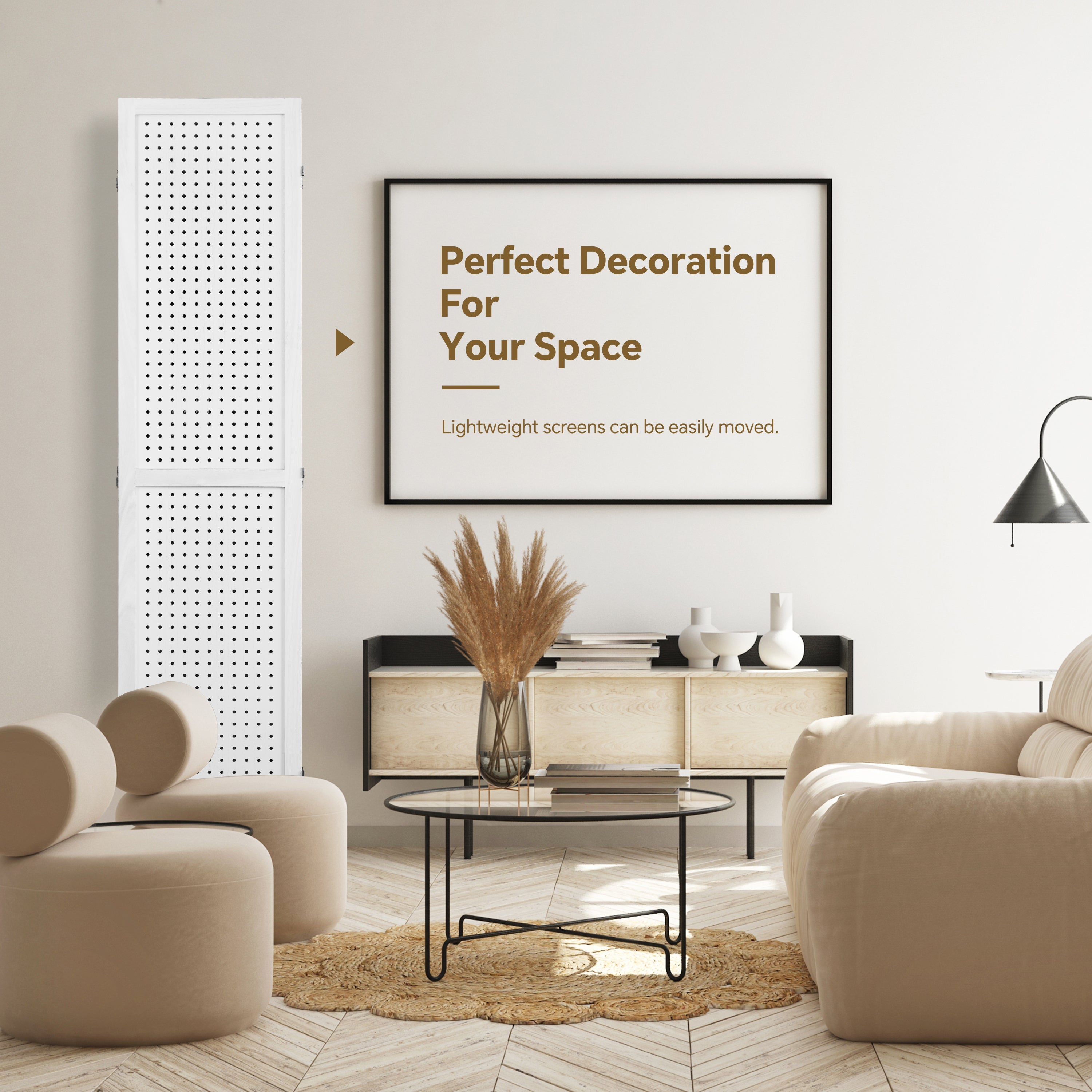 4 Panel Room Divider, 5.6Ft Pegboard Display Wooden Room Divider Folding Privacy Screen Room Divider - Elegant White