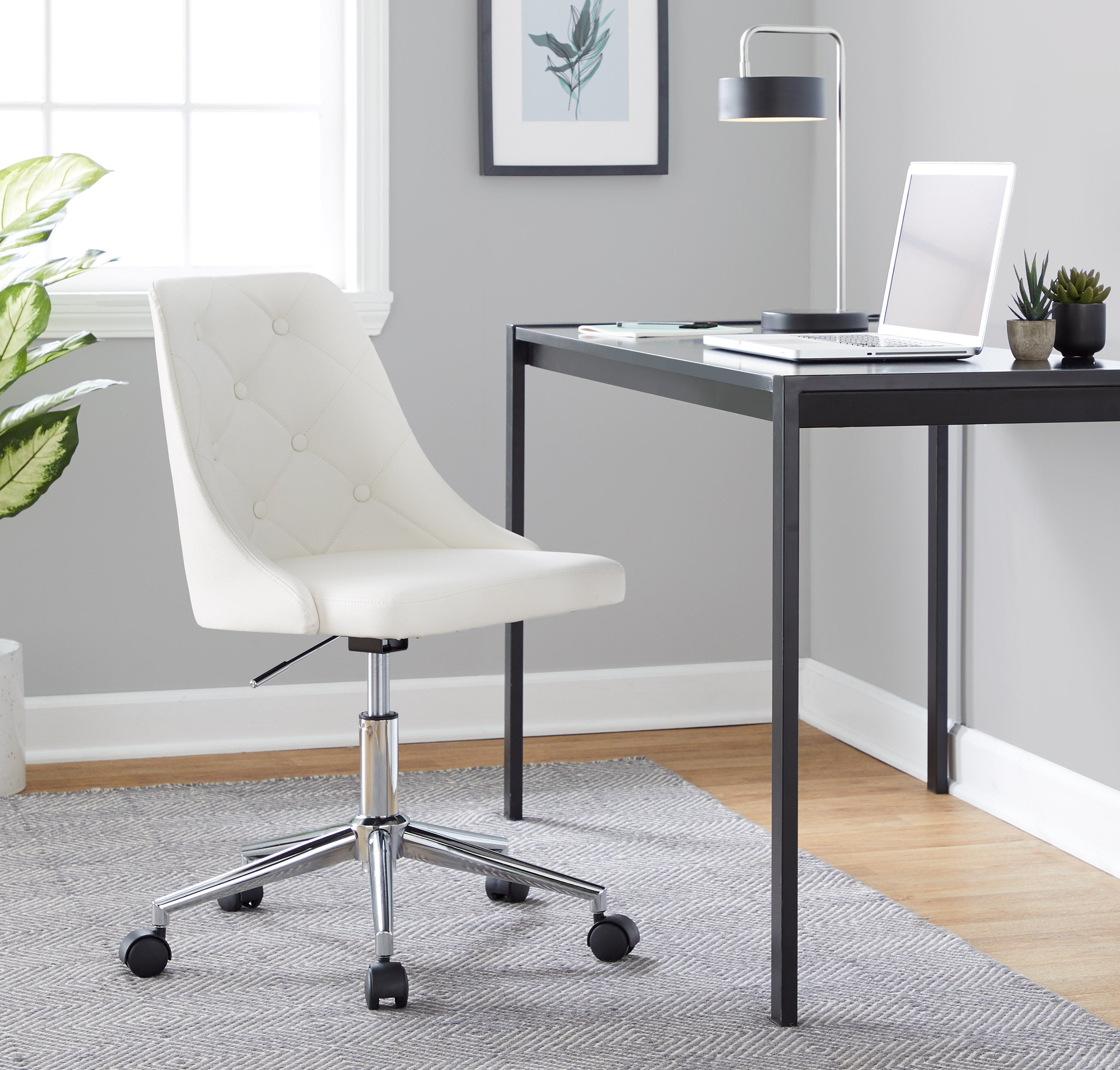 Contemporary Swivel Task Chair with Casters in Chrome Metal and White Faux Leather