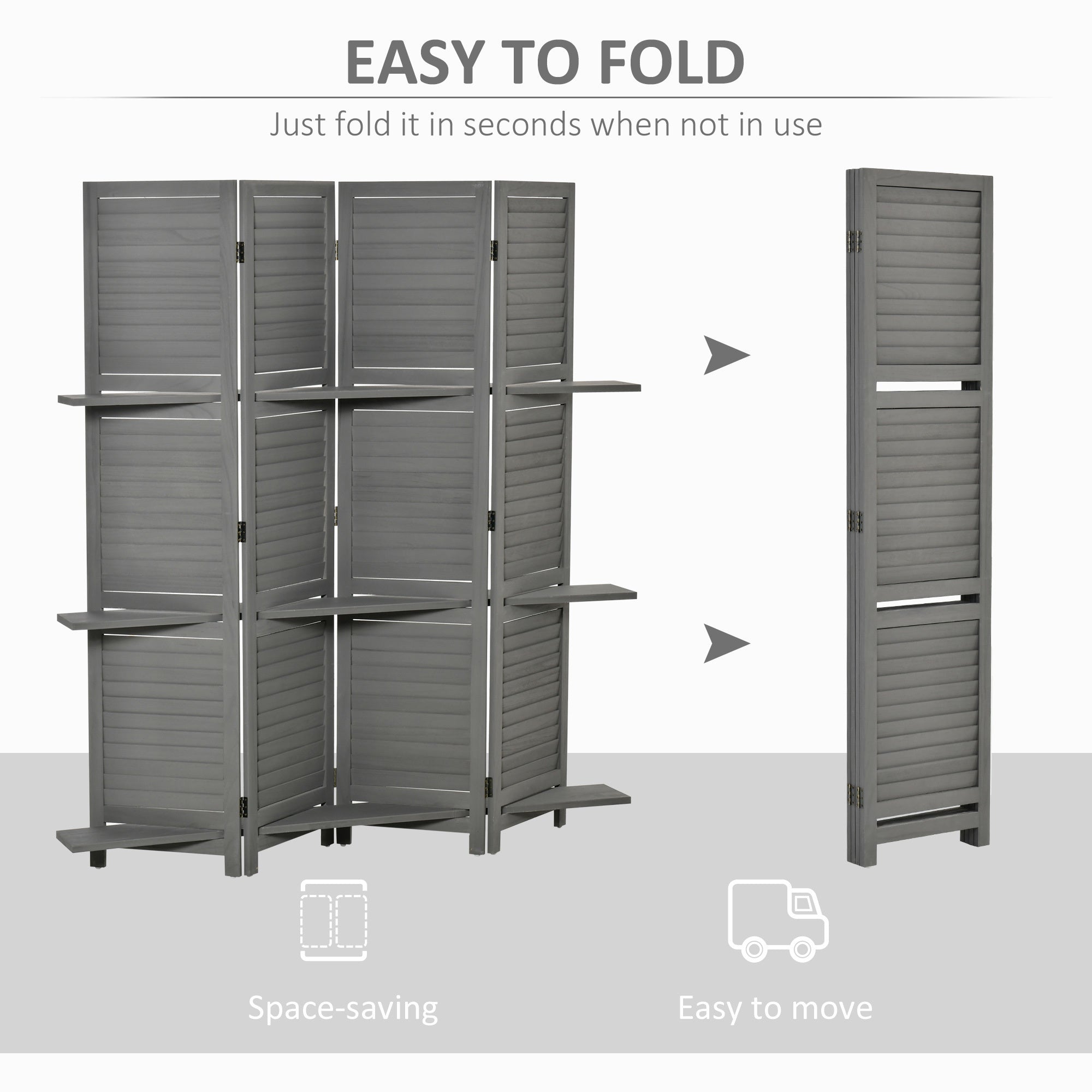 4-Panel Folding Room Divider, 5.6 Ft Freestanding Paulownia Wood Privacy Screen Panel with Storage Shelves - Gray