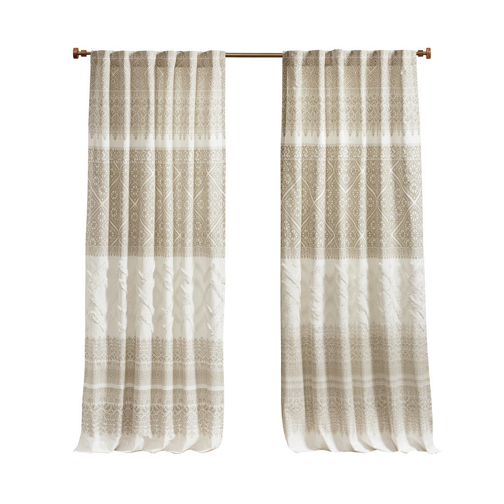 50x84" Cotton Printed Curtain Panel with Chenille detail and Lining - Taupe