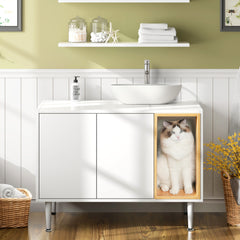 Cat Litter Box Enclosure Indoor Cat House for Large Cats, Wooden Cabinet Furniture - White