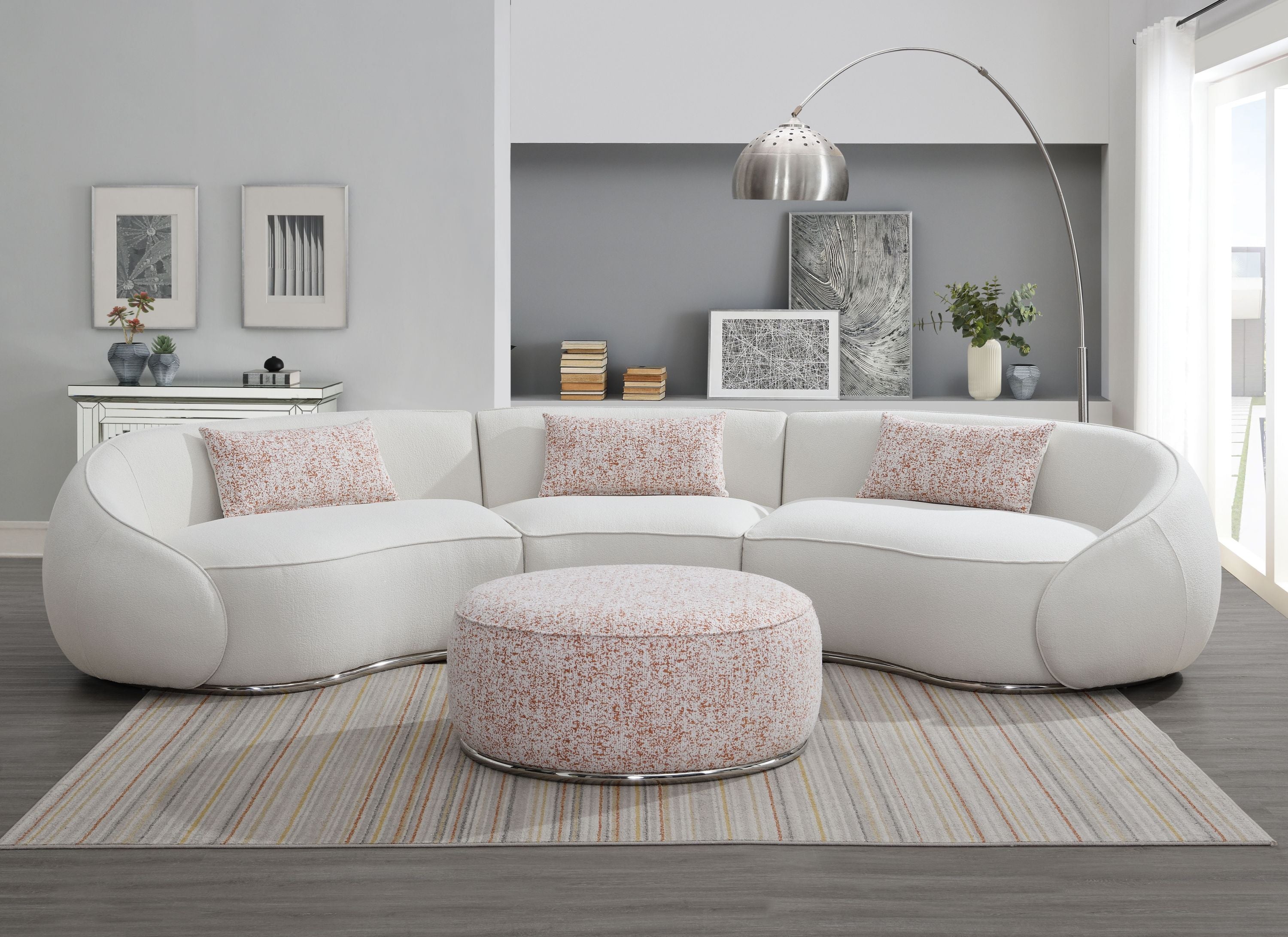 Sectional Sofa w/3 Pillows, Beige Boucle