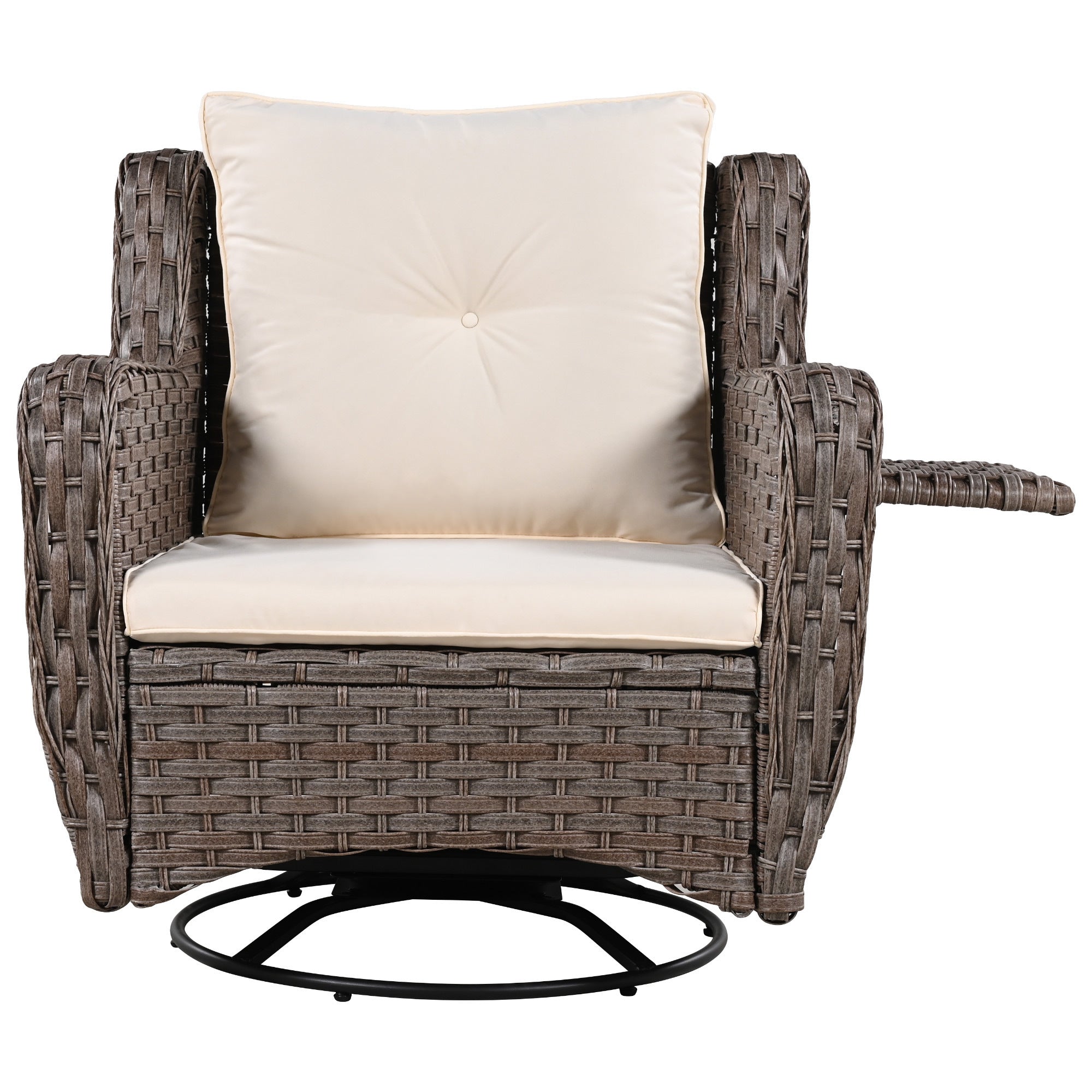 5 Pieces Outdoor Patio Furniture Set with Pet House Cool Bar and Retractable Side Tray, Rattan Wicker Patio Swivel Rocking Chairs Set of 2 with Ottomans - Beige