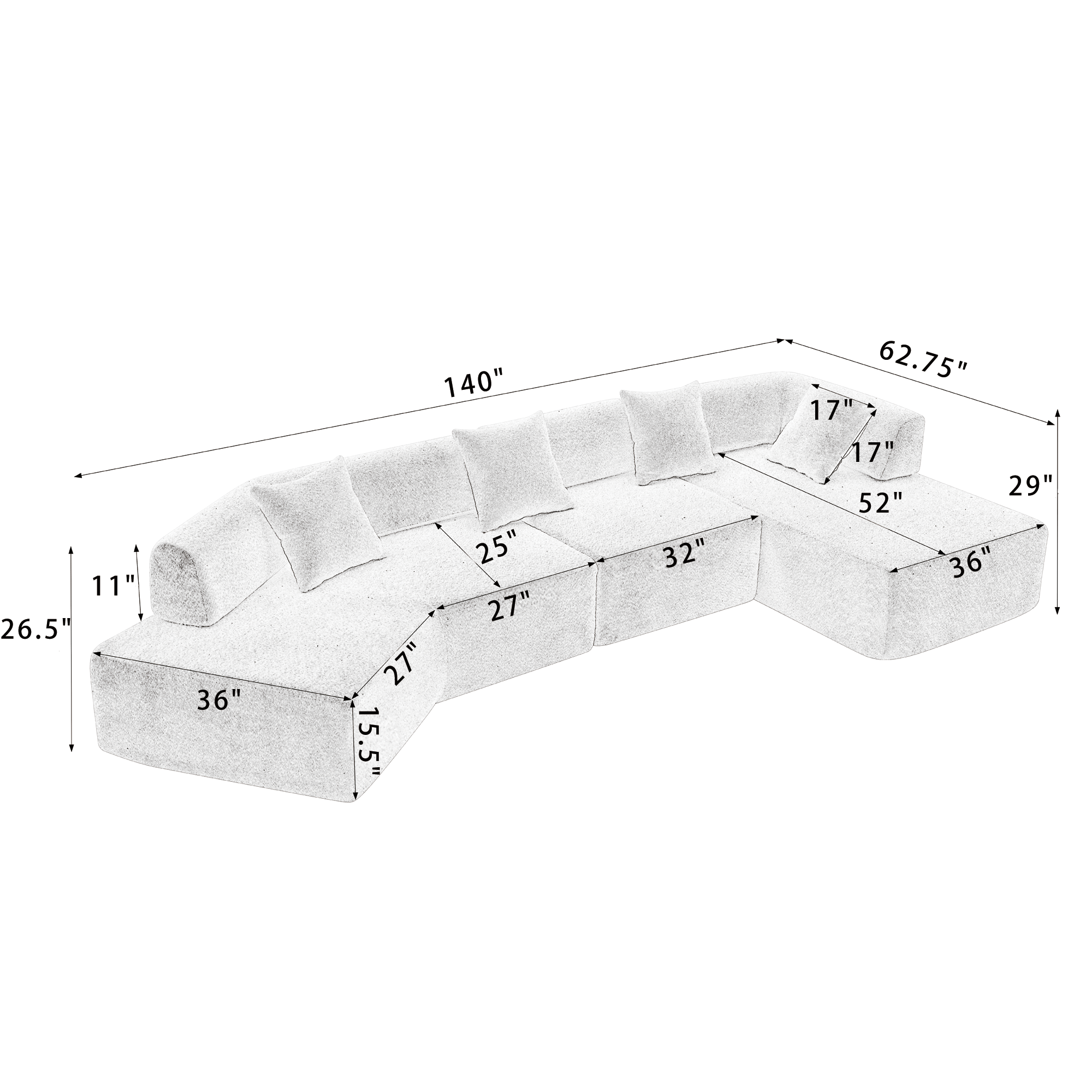 Modern Minimalist 140" L-Shape Couch, No Assembly Required - Boucle-White