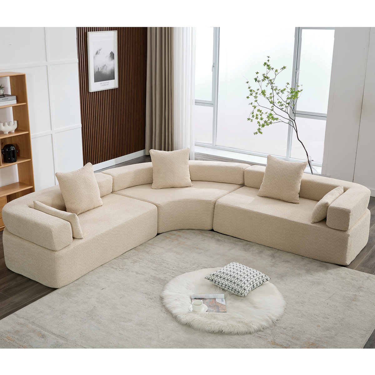 Upholstered 4 Seater Couch for Living Room, Modern Modular 3 Piece Free Combination, Semicircular Modular Sofa - Boucle, Khaki