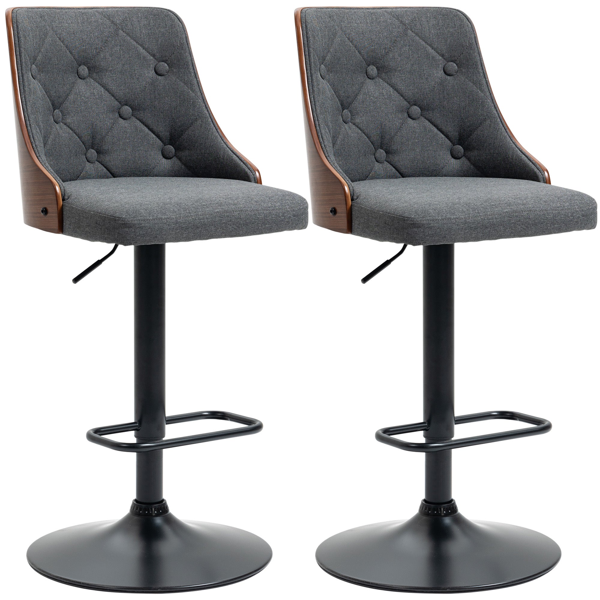 Set of 2 Counter Height Bar Stools, Height Adjustable Swivel Barstools with Footrest and Tufted Back, Linen Fabric Bar Chairs, Dark Grey