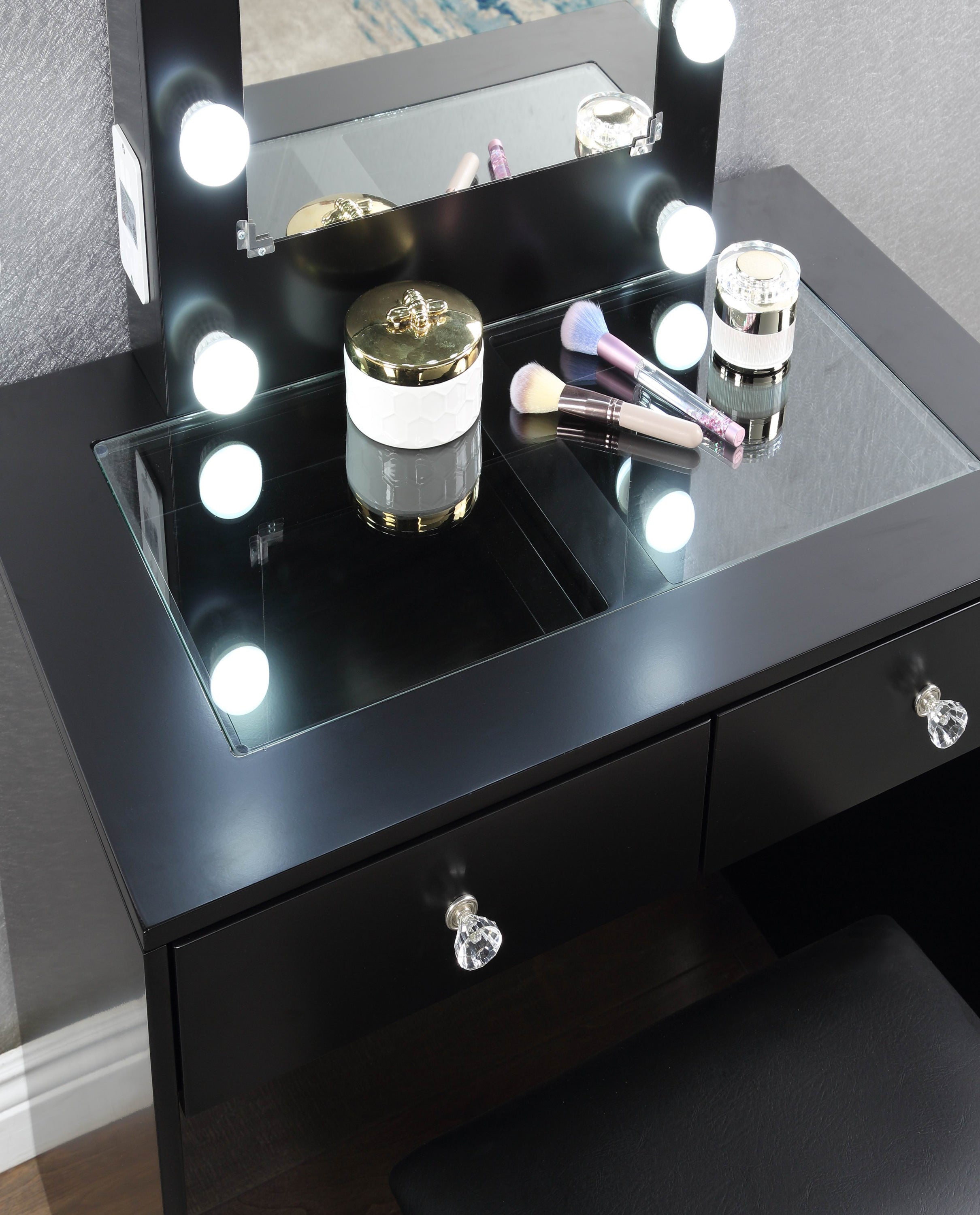 Black Makeup Vanity and Stool Set with 10 Lights and USB Port and Power Outlet, 2x Drawers Luxurious Style Furniture