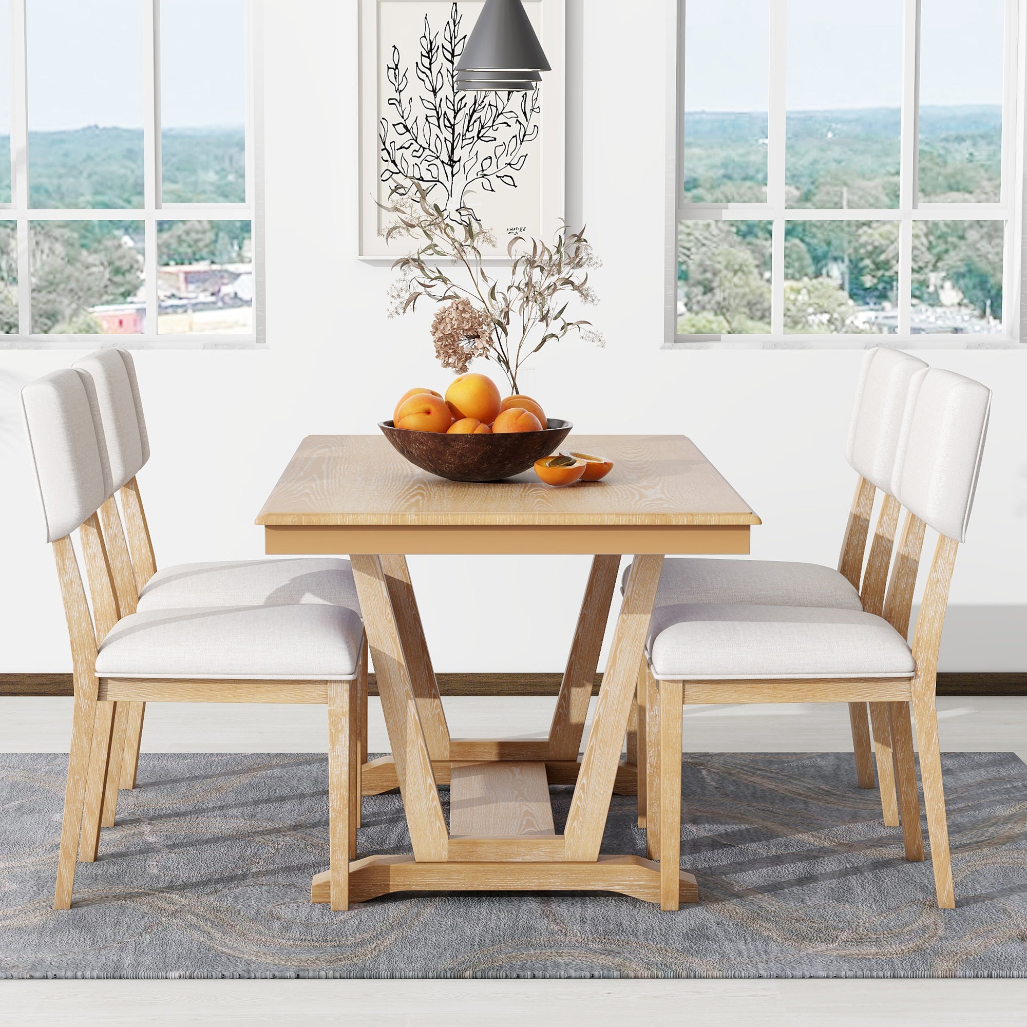 Rustic 5-piece Dining Table Set with 4 Upholstered Chairs - Natural