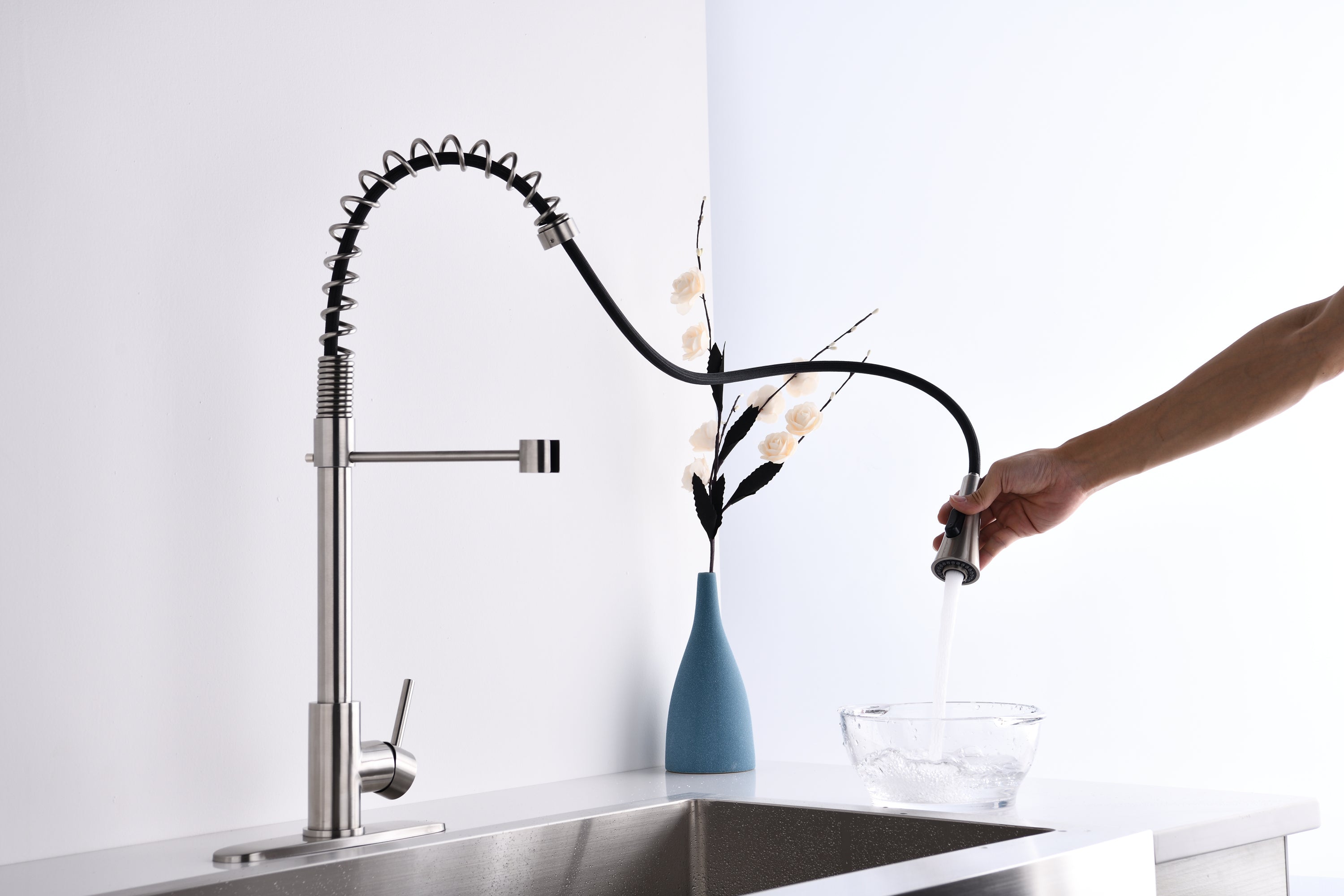 Brushed Nickle Single Handle Commercial Modern Spring High Arc Kitchen Faucet - Brushed Nickel