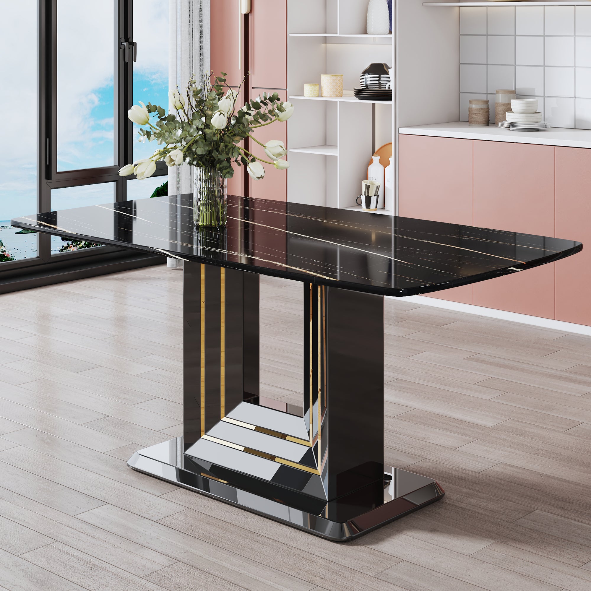 Modern Dining Table with Gold Lines and Black Base