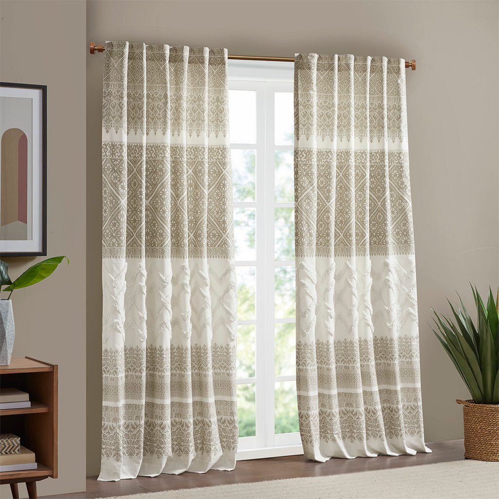 50x84" Cotton Printed Curtain Panel with Chenille detail and Lining - Taupe