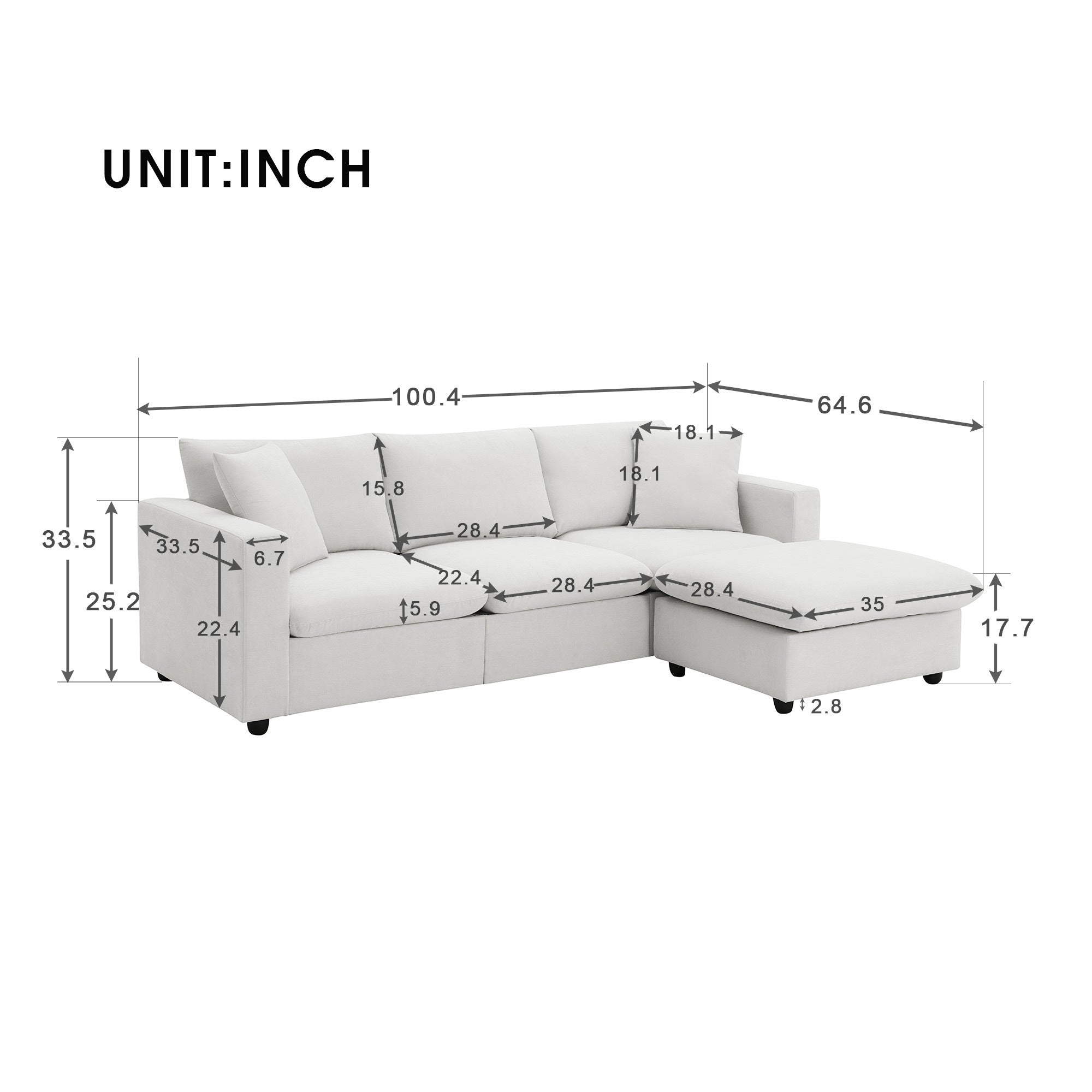 100.4x64.6" Modern Sectional Sofa, L-Shaped Couch Set With 2 Free Pillows, 4-Seat Polyester Fabric Couch Set With Convertible Ottoman - White