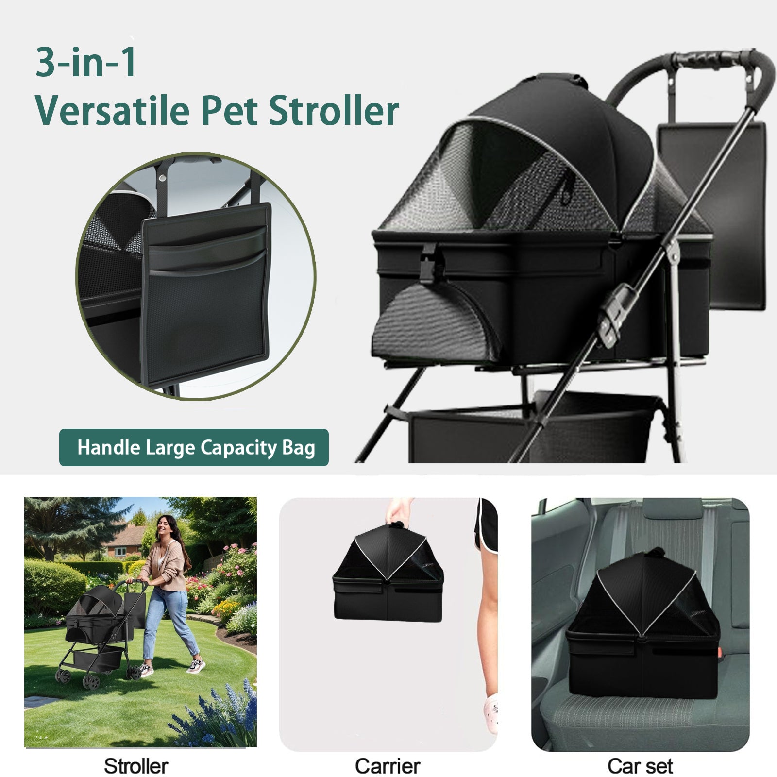 2 in 1 Folding Dog/Cat Puppy 4 Wheels Stroller w/Removable Travel Carrier for Small/Medium Pet, Waterproof Pad, Car Seat, Sun Shade