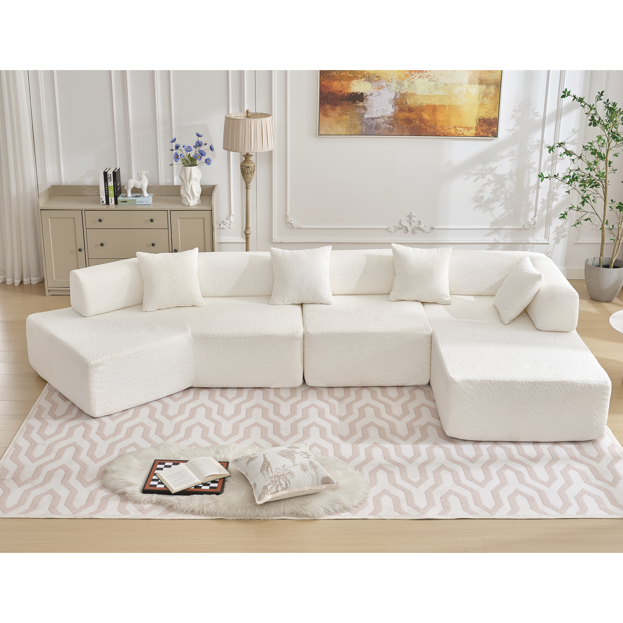 Modern Minimalist 140" L-Shape Couch, No Assembly Required - Boucle-White