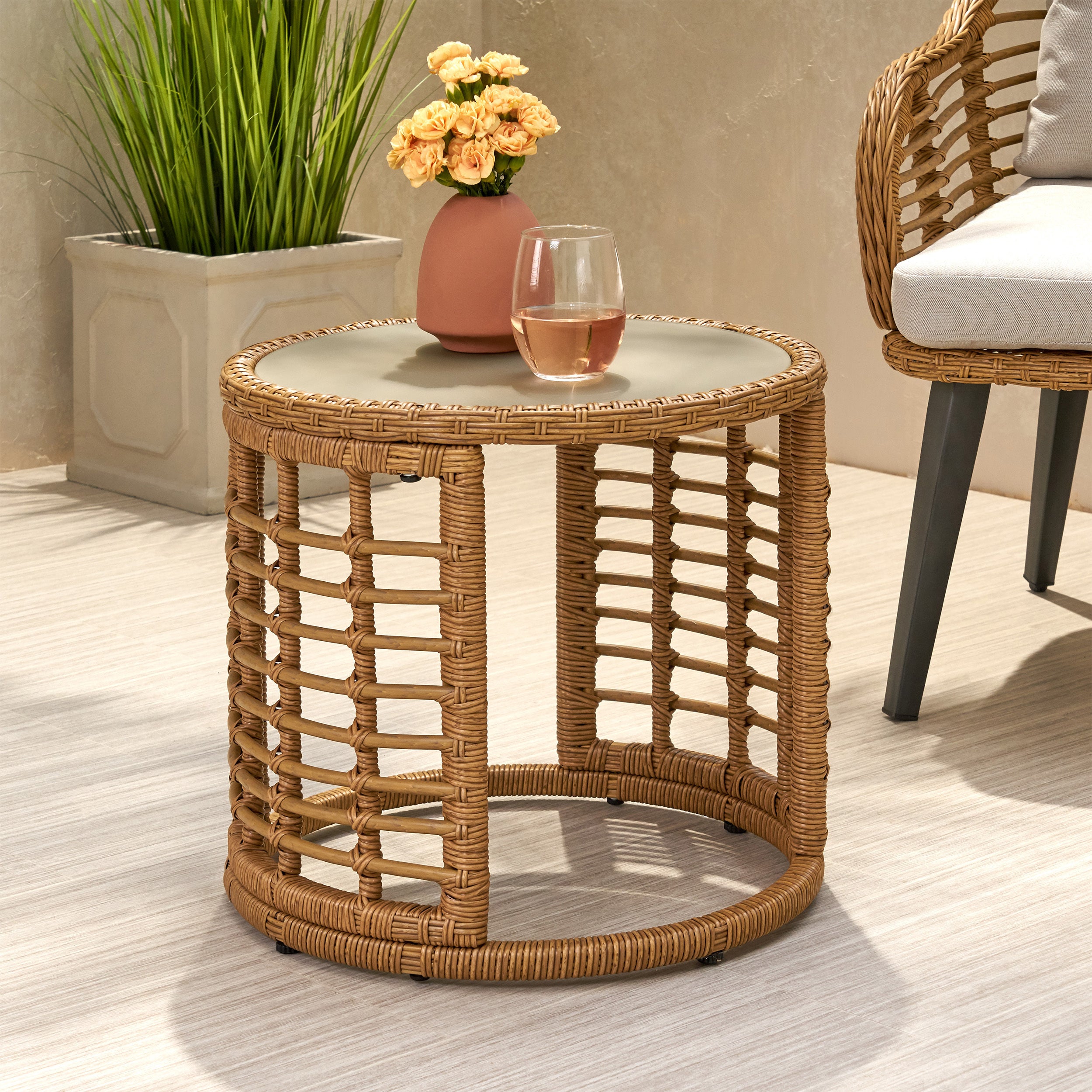 Modern Boho Rattan Side Table - Light Brown