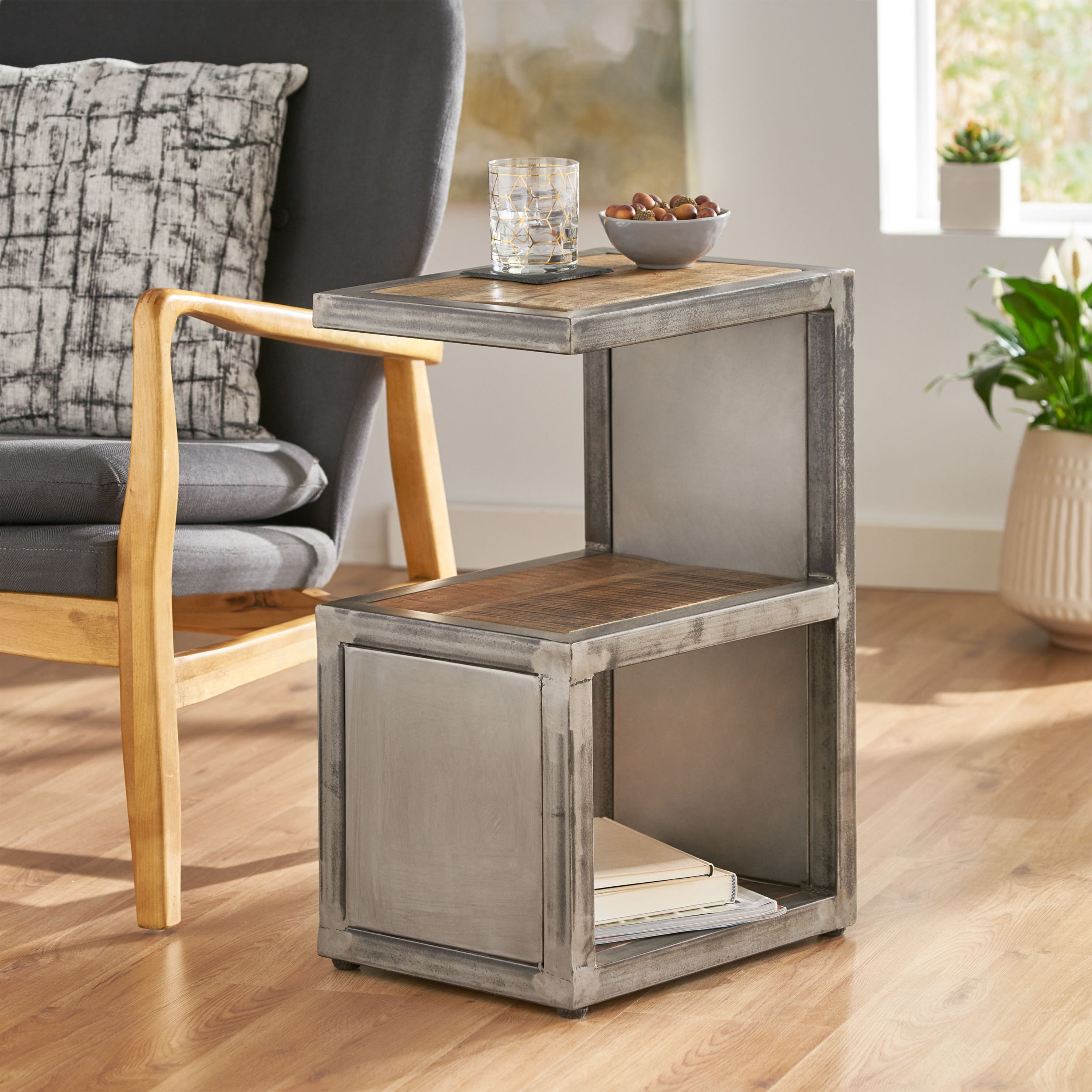 Modern Industrial Side Table - Natural Wood