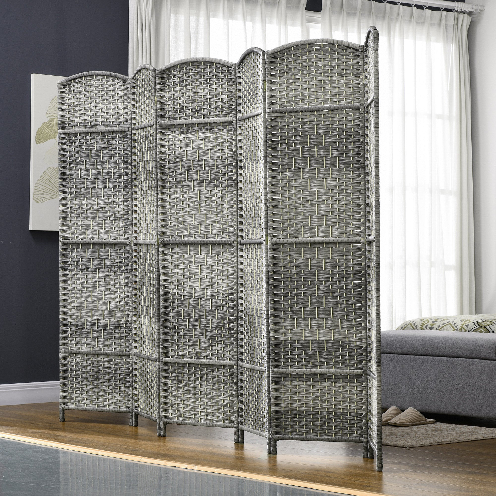 6 Panel Room Divider, 6' Tall Folding Privacy Screen, Hand-Woven Freestanding Wall Partition for Home Office, Bedroom, Mixed Gray