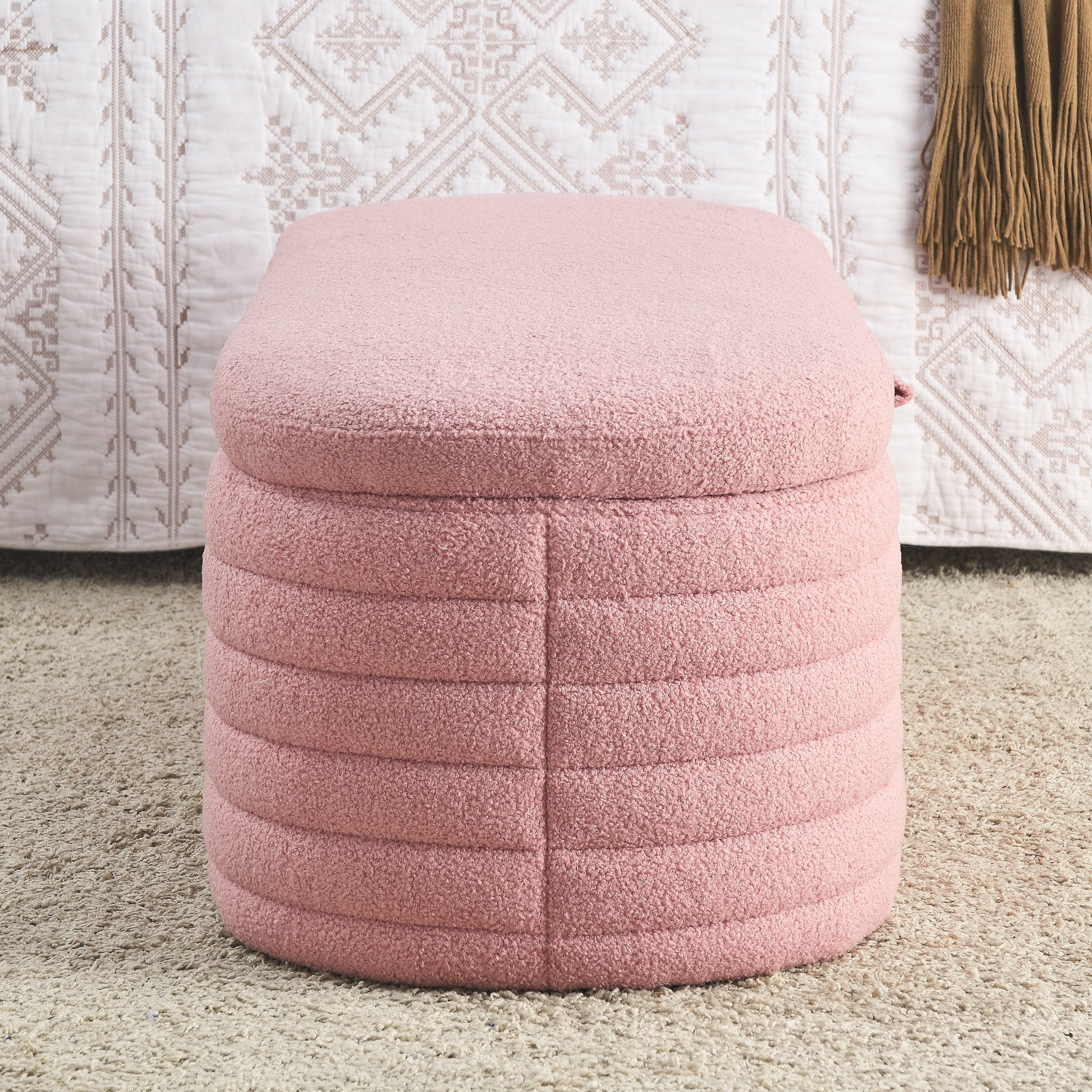 45.5" Storage Ottoman Bench Upholstered Fabric Storage Bench End of Bed Stool with Safety Hinge - Pink teddy.