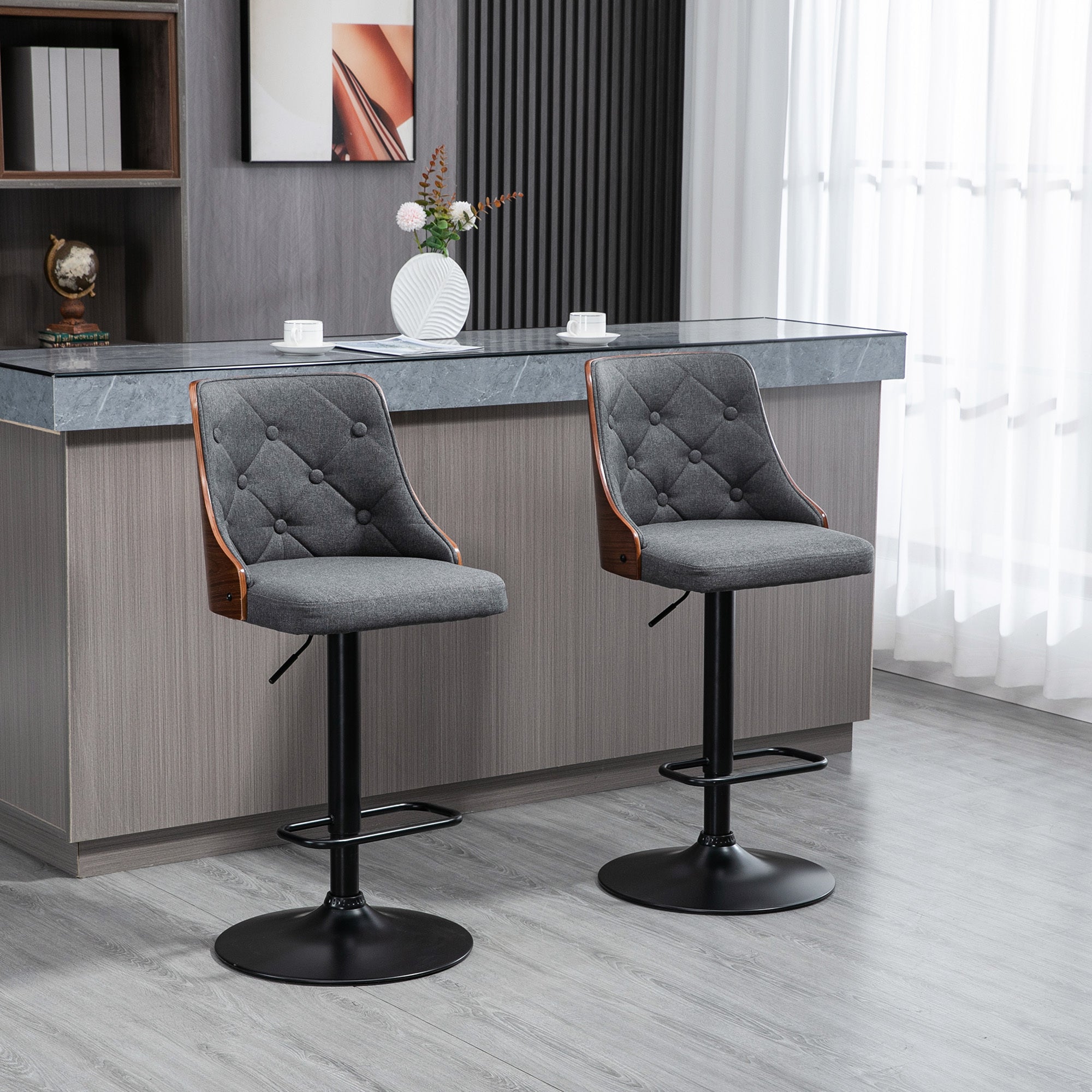 Set of 2 Counter Height Bar Stools, Height Adjustable Swivel Barstools with Footrest and Tufted Back, Linen Fabric Bar Chairs, Dark Grey