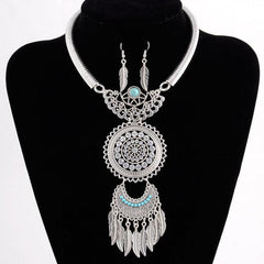 Vintage Bohemian Crystal Leaf Drop with Feather Earring Set - Silver