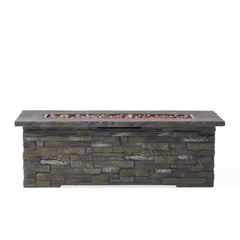 Outdoor Patio Concrete Fire table, Rectangle Gas Burning 56-Inch Fire Pit - 50, 000 BTU, Stone Pattern Fire Table, Grey