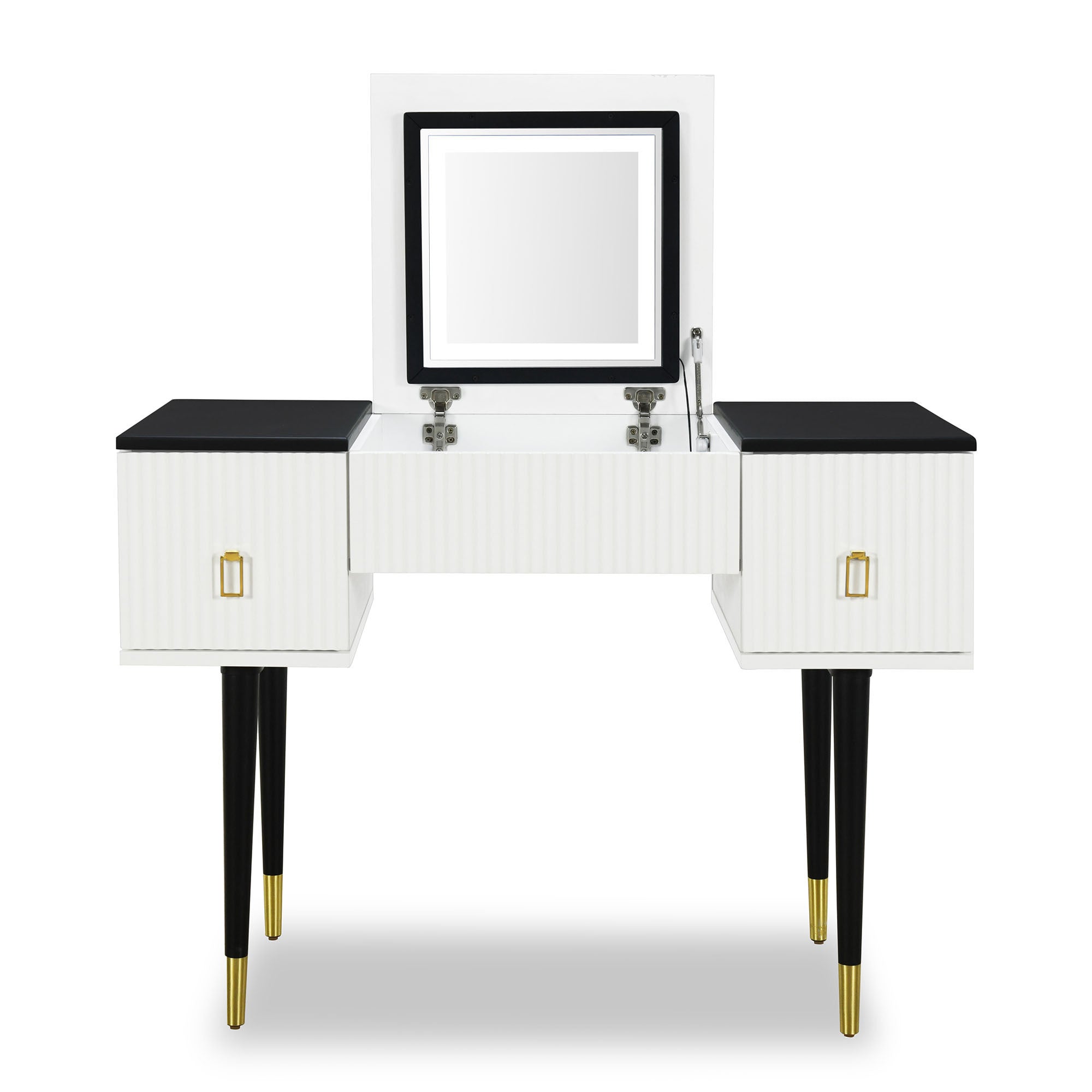 43.3" Modern Vanity Table Set with Flip-top Mirror and LED Light, Dressing Table with Customizable Storage, White and Black