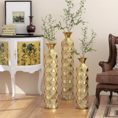 Set of 3 vases 33.5"H, 29.5"H, 25.2"H, High Distress Metal Vase with 3D Triangle Pattern - Gold