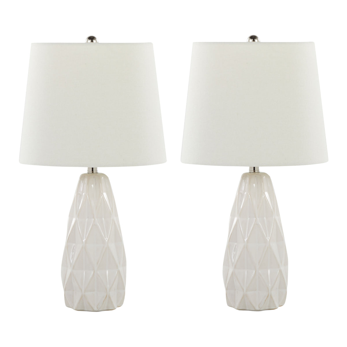 20" Contemporary Ceramic Accent Lamp in Off White Ceramic, Polished Nickel and Off-White Linen Shade  - Set of 2