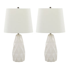 20" Contemporary Ceramic Accent Lamp in Off White Ceramic, Polished Nickel and Off-White Linen Shade  - Set of 2