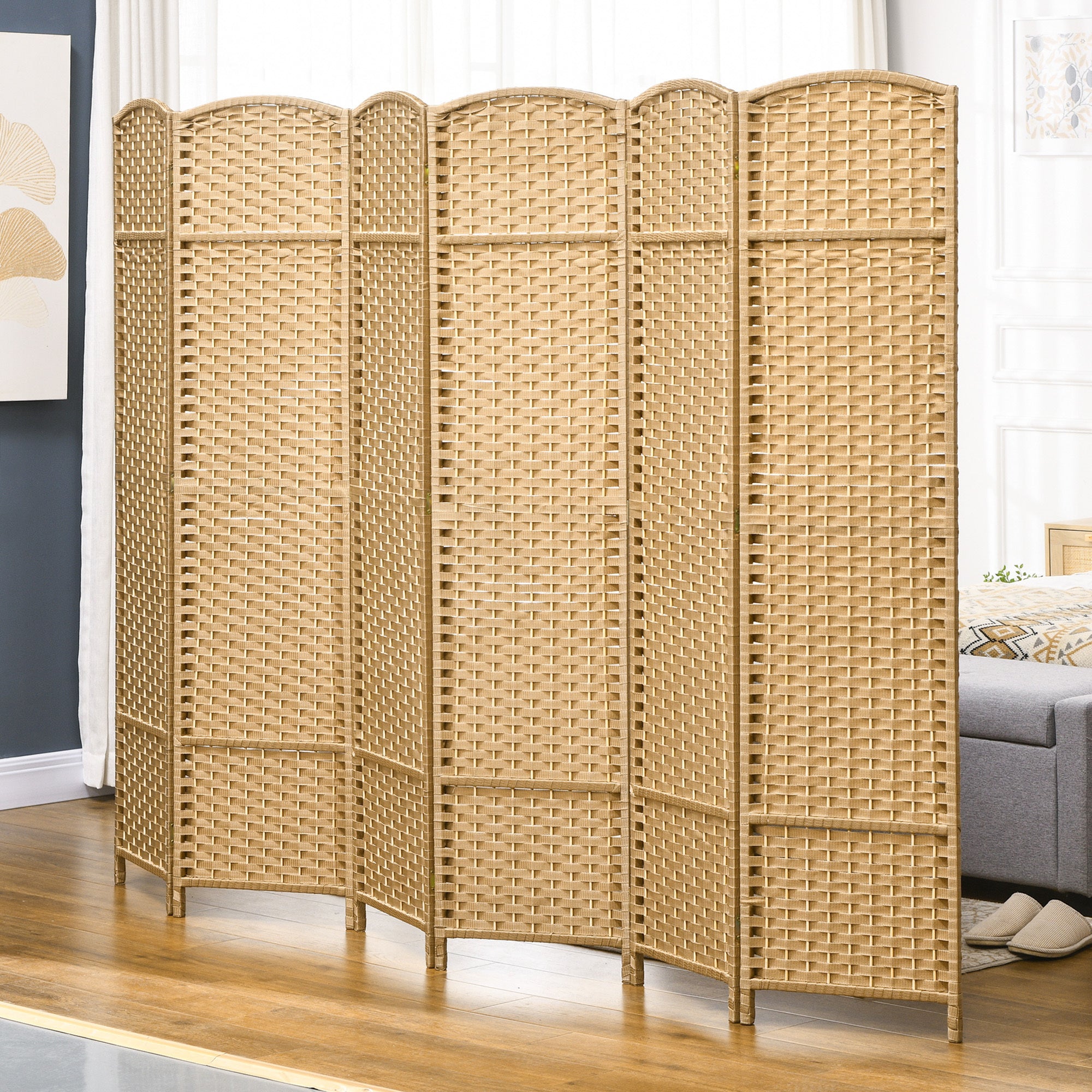 Room Divider, 6 Panel Folding Privacy Screen, 5.6' Tall Freestanding Wall Partition for Home Office, Bedroom, Nature Wood