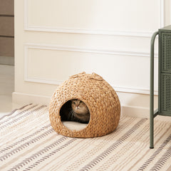 Woven Wicker Round Cat Bed Cave with Handles - 18"x18"x18"