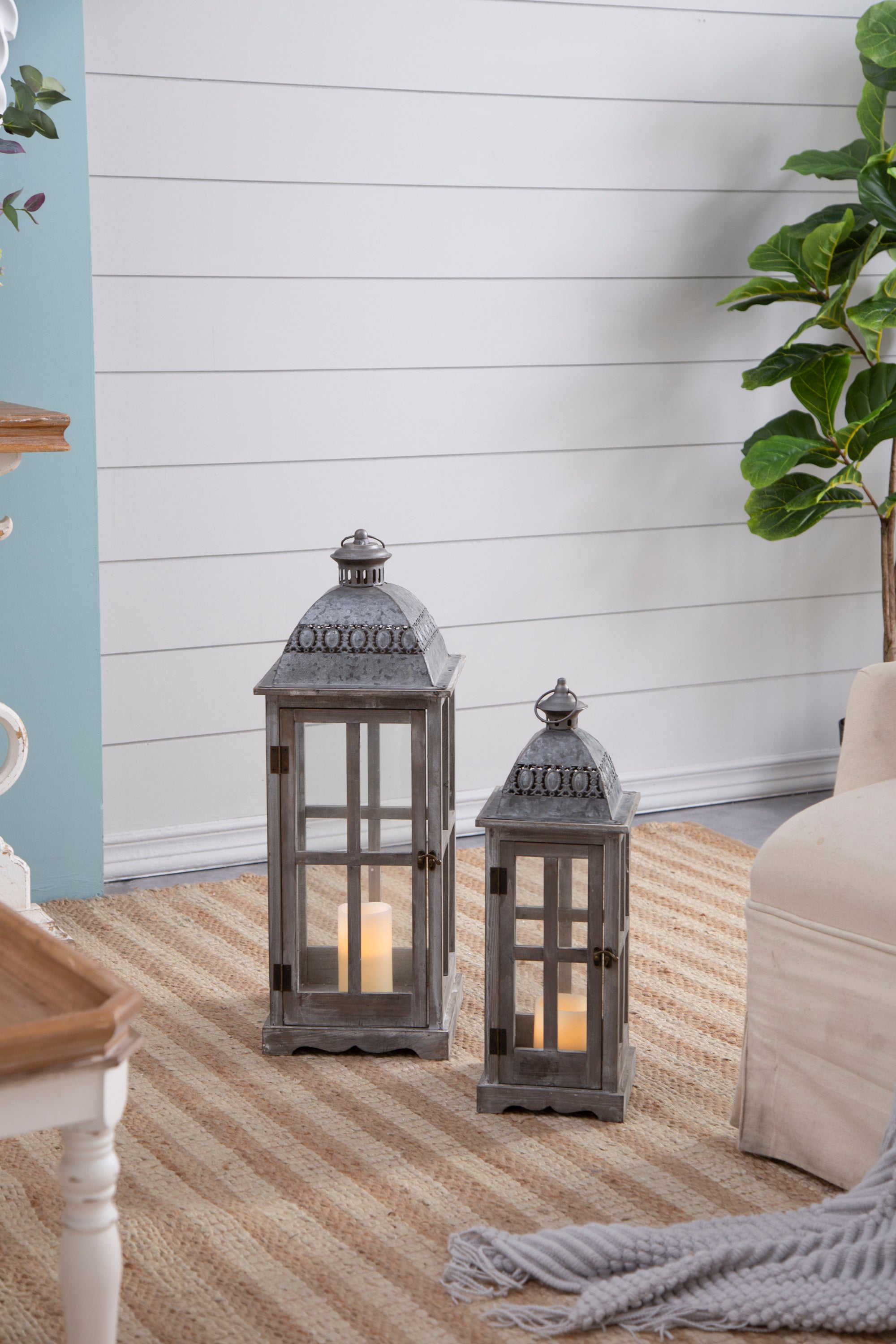 Wooden Candle Lantern Decorative (Set of 2) - Grey