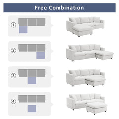 100.4x64.6" Modern Sectional Sofa, L-Shaped Couch Set With 2 Free Pillows, 4-Seat Polyester Fabric Couch Set With Convertible Ottoman - White