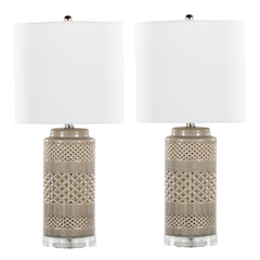 21" Contemporary Table Lamp in Opal Gray Ceramic, Polished Nickel, Clear Acrylic Accents and White Linen Shade - Set of 2