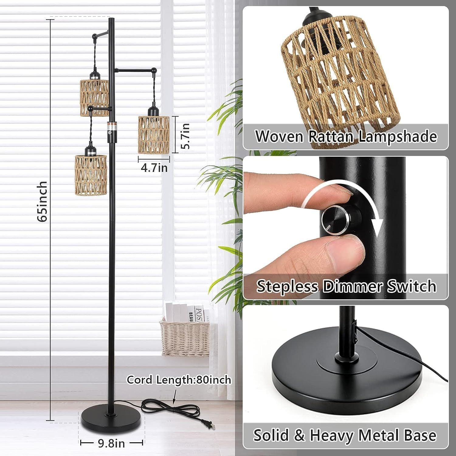 3-Lights Boho Floor Lamp with Stepless Dimmer