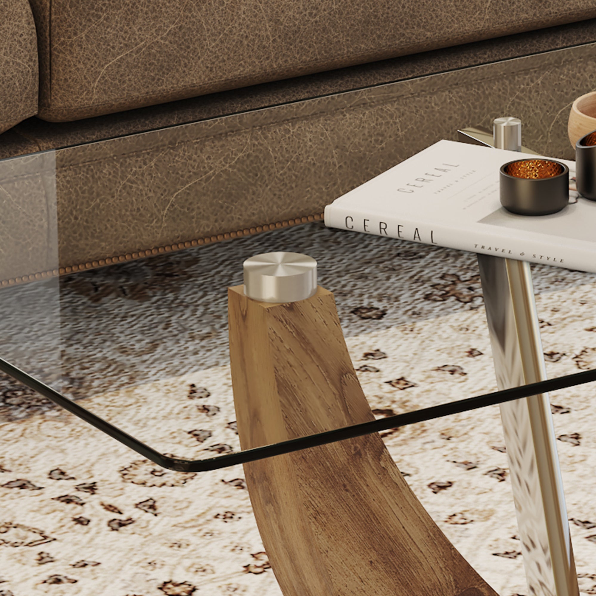 Modern Minimalist Transparent Tempered Glass Coffee Table with Wooden MDF legs and Stainless Steel Decorative Columns