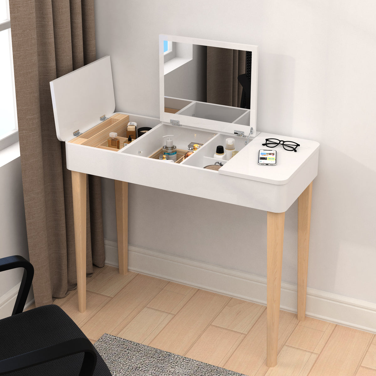 Vanity Table with Solid Wood Legs and Flip-Up High Definition Mirror - White