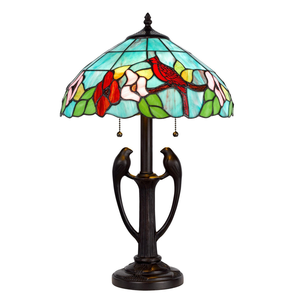 22 Inch Classic Antique Table Lamp, Bird Art Stained Glass Shade -Antique Bronze