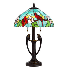 22 Inch Classic Antique Table Lamp, Bird Art Stained Glass Shade -Antique Bronze