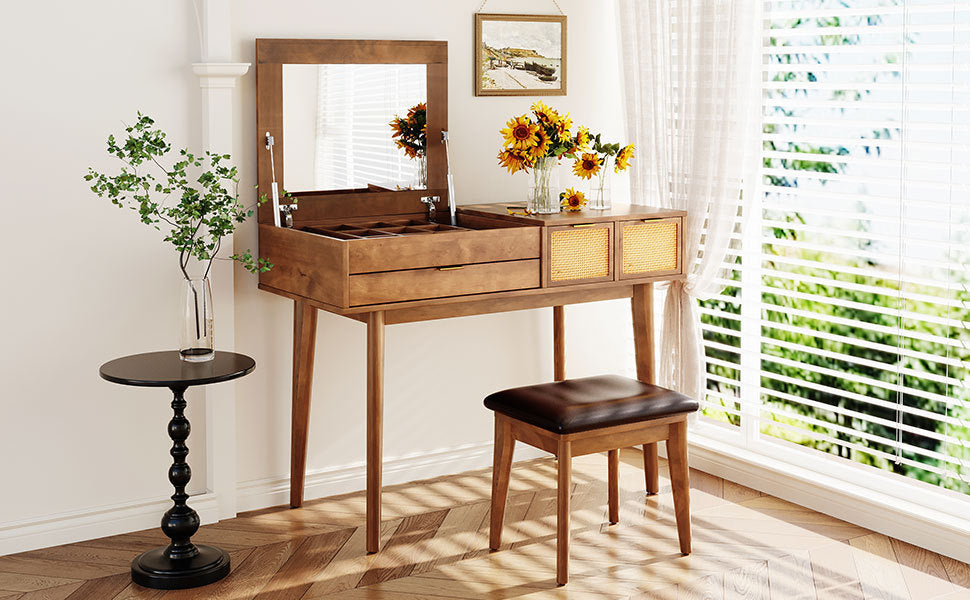 43.3" Classic Wood Makeup Vanity Set with Flip-top Mirror and Stool, Dressing Table with Three Drawers and storage space, Brown