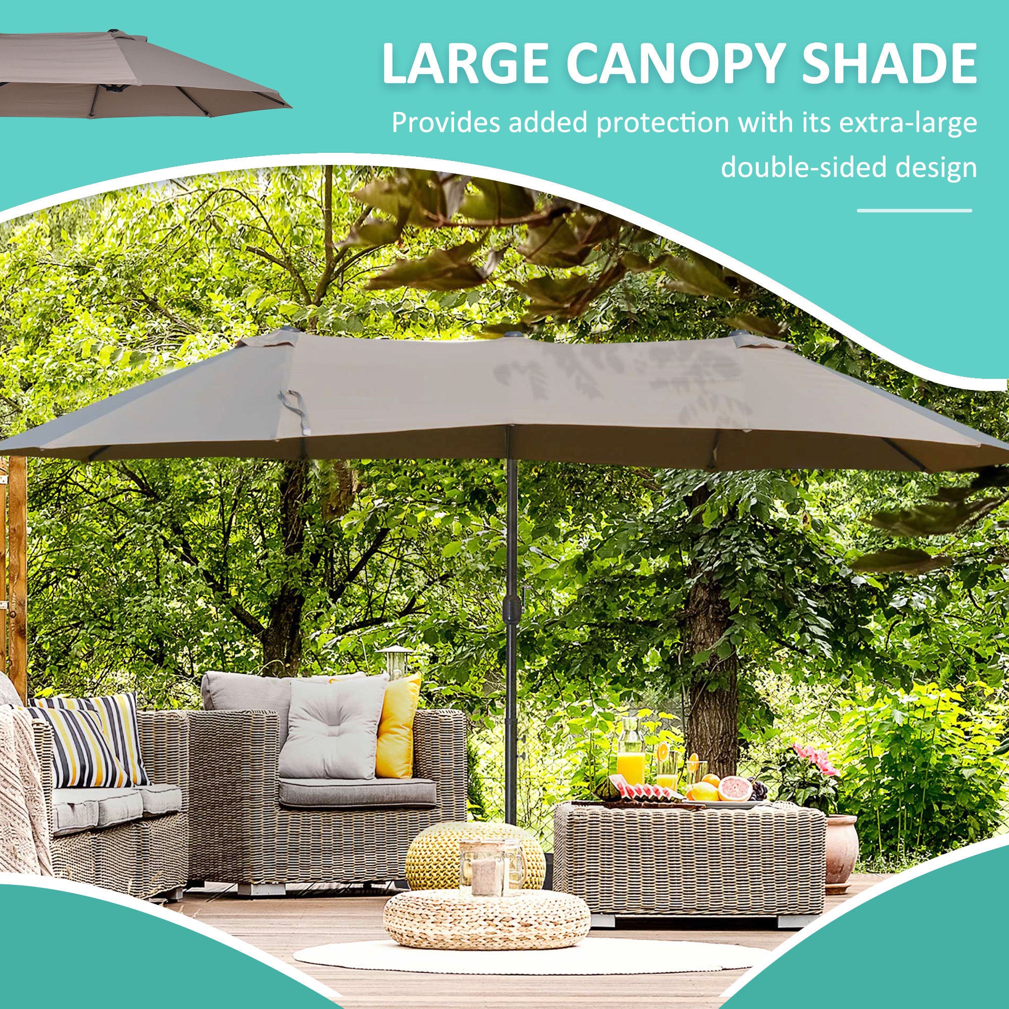 14ft Patio Umbrella Double-Sided Outdoor Market Extra Large Umbrella with Crank, Cross Base for Deck, Lawn, Backyard and Pool - Brown