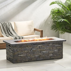 Outdoor Patio Concrete Fire table, Rectangle Gas Burning 56-Inch Fire Pit - 50, 000 BTU, Stone Pattern Fire Table, Grey