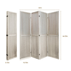 4 Panel Room Divider, 5.6Ft Pegboard Display Wooden Room Divider - Natural Wood